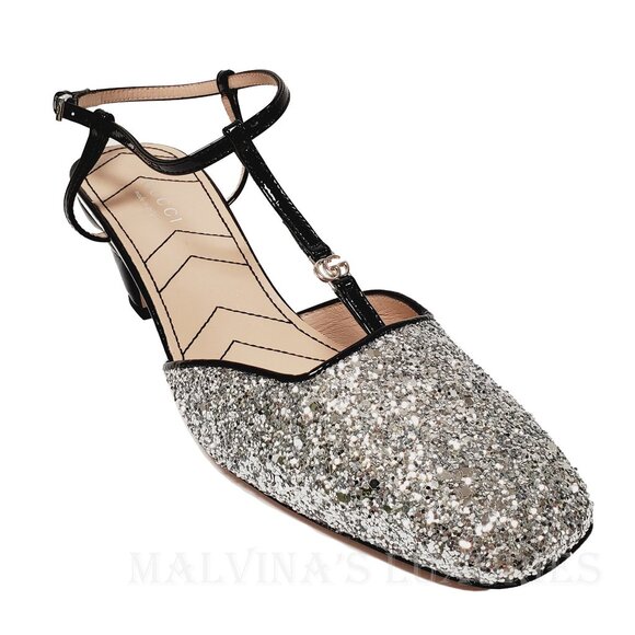 GUCCI SHOES T-STRAP SILVER GLITTER SLINGBACK PUMPS w DOUBLE G LOGO sz 37.5 7.5 - Picture 6 of 14